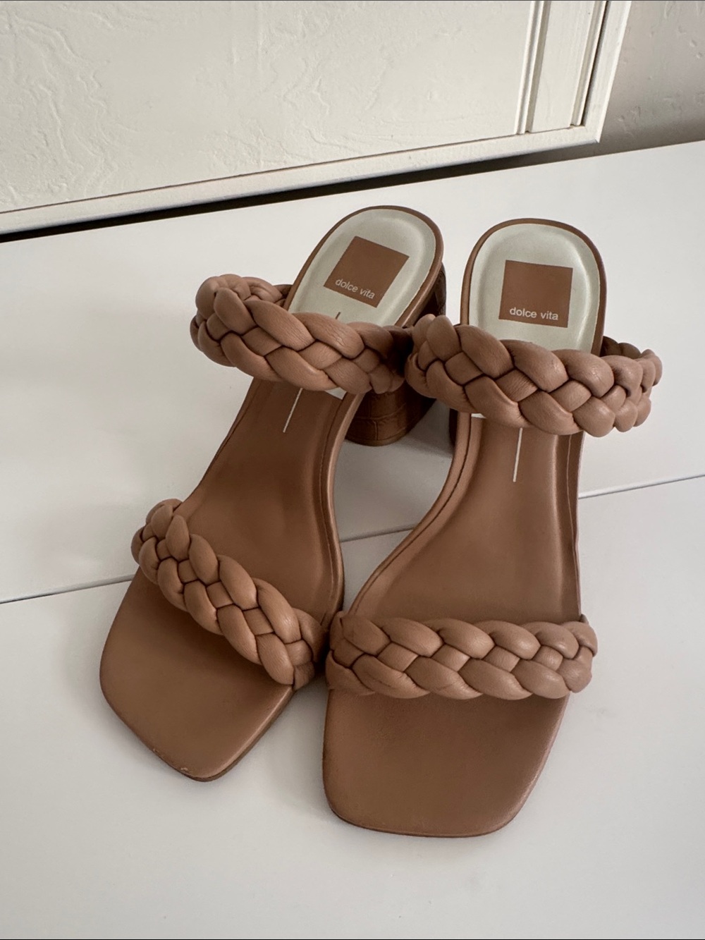Dolce Vita Taupe Braided Double-Strap Block Heel Sandals